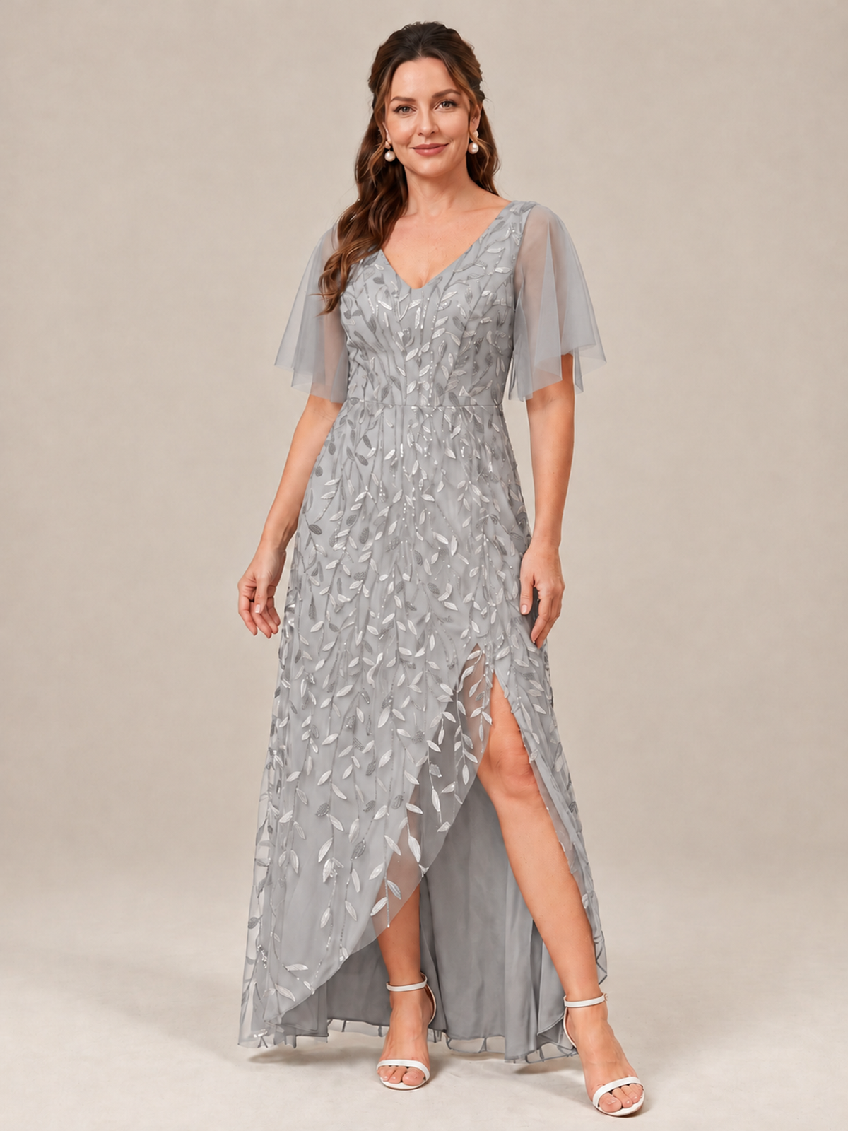 Silver V-Neck Sequin Mother of the Bride Dress with Flutter Sleeves