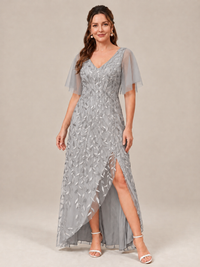 Silver V-Neck Sequin Mother of the Bride Dress with Flutter Sleeves