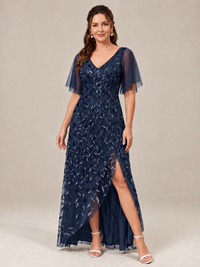 Navy Blue V-Neck Sequin Mother of the Bride Dress with Flutter Sleeves