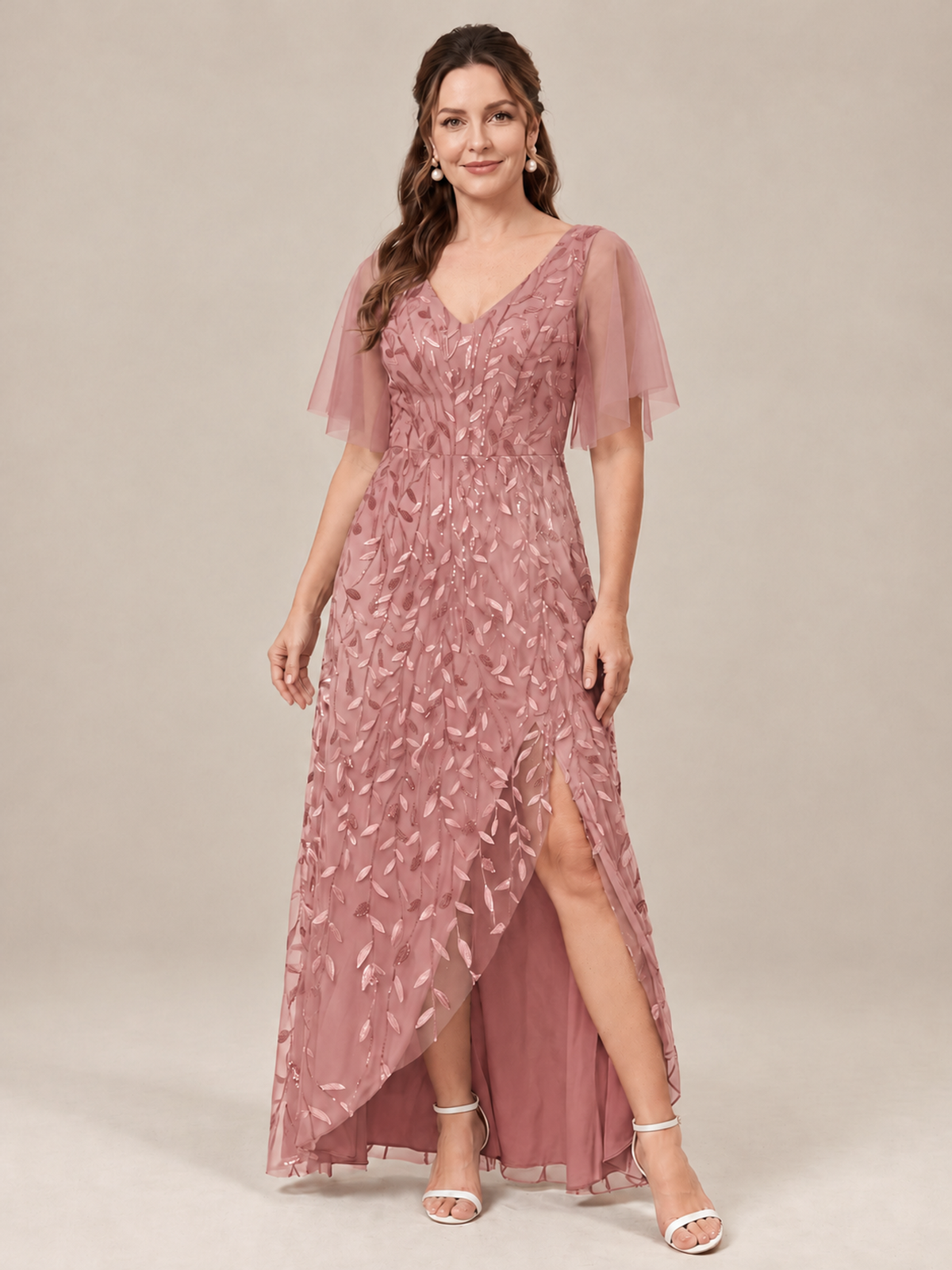 Dusty Rose V-Neck Sequin Mother of the Bride Dress with Flutter Sleeves