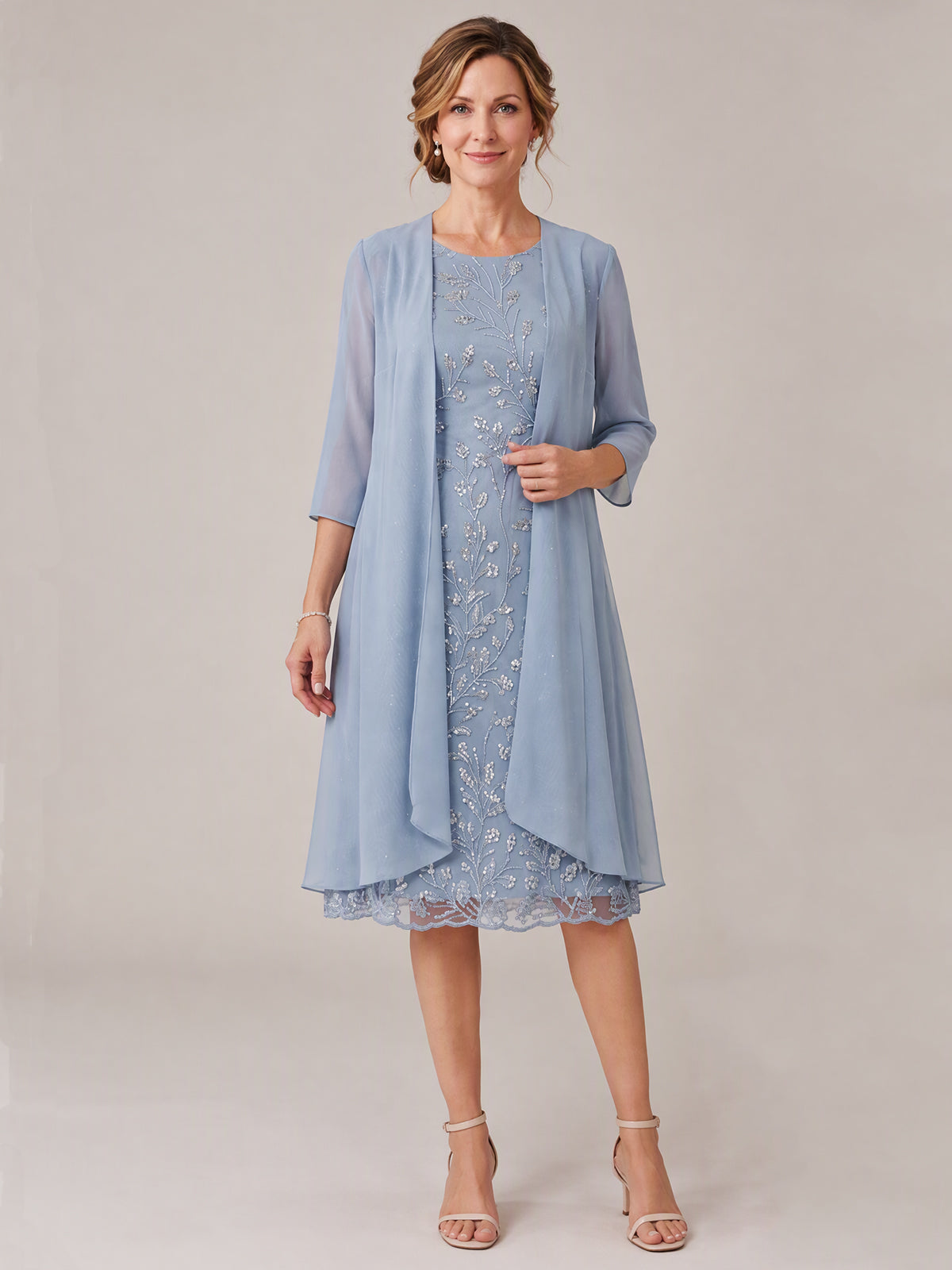 Dusty Blue-2 Piece Lace Appliques Chiffon Mother of The Bride Dress with Sequin