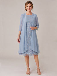 Dusty Blue-2 Piece Lace Appliques Chiffon Mother of The Bride Dress with Sequin