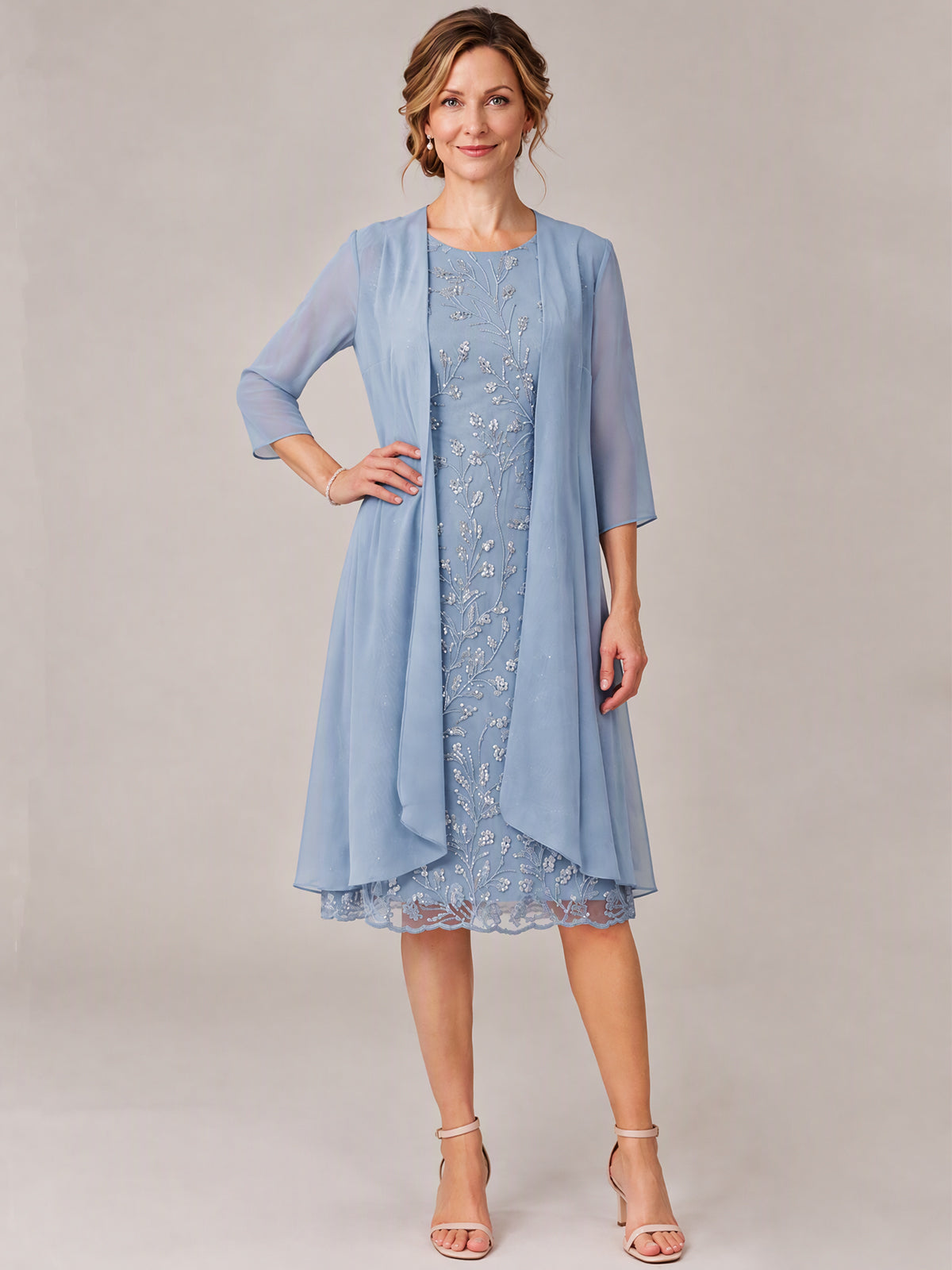 Tea Length Sequin Lace Mother of The Bride Dress with Chiffon Jacket