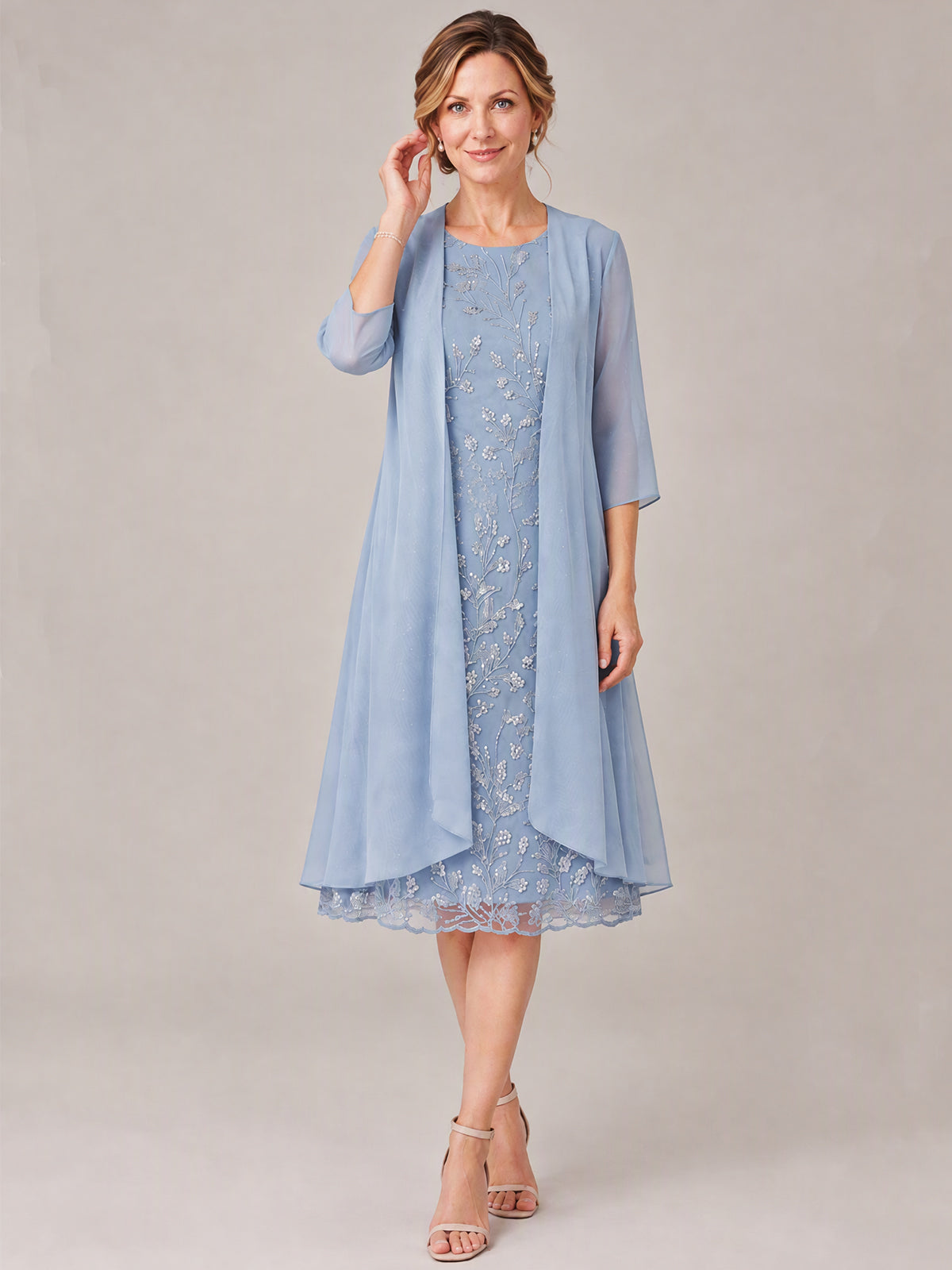 Tea Length Sequin Lace Mother of The Bride Dress with Chiffon Jacket