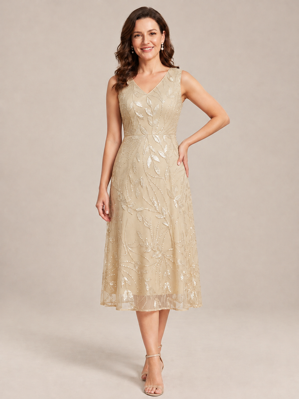 Tea Length Sequin Lace Mother of the Bride Dress with Chiffon Jacket