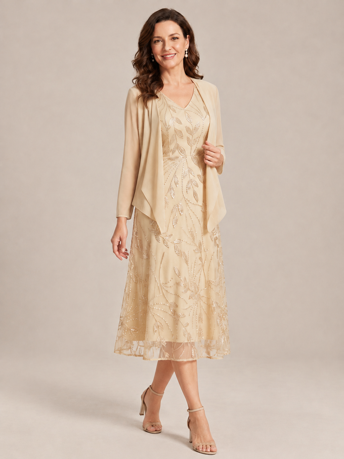 Tea Length Sequin Lace Mother of the Bride Dress with Chiffon Jacket