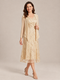 Tea Length Sequin Lace Mother of the Bride Dress with Chiffon Jacket