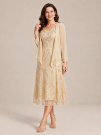 Tea Length Sequin Lace Mother of the Bride Dress with Chiffon Jacket