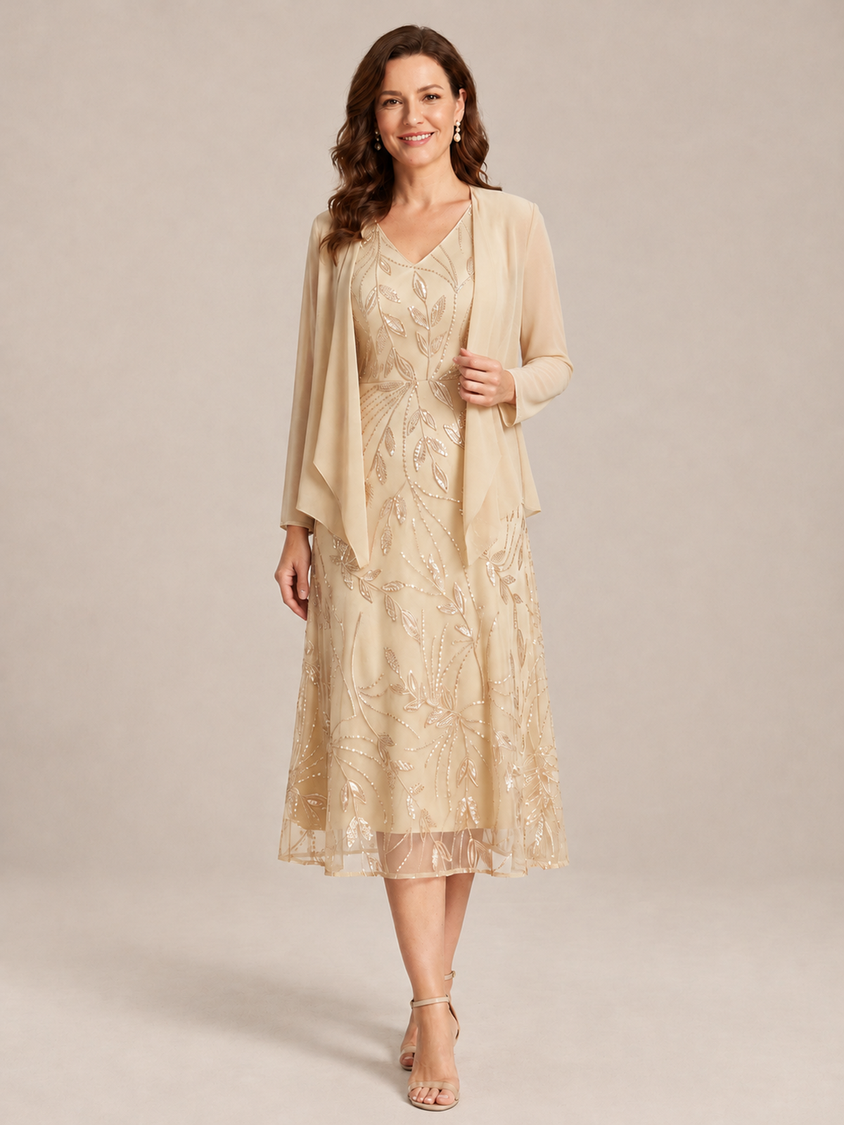 Tea Length Sequin Lace Mother of the Bride Dress with Chiffon Jacket