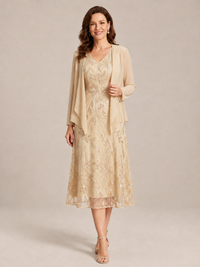 Tea Length Sequin Lace Mother of the Bride Dress with Chiffon Jacket