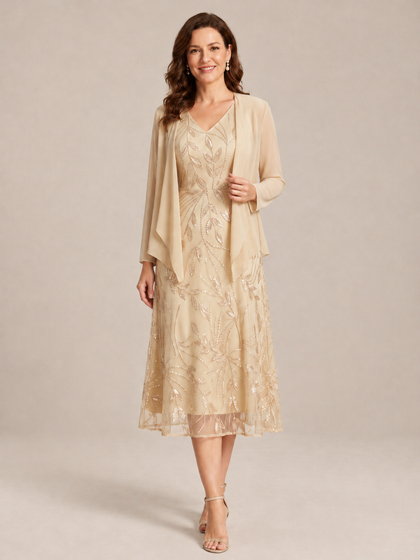 Champagne Tea Length Sequin Lace Mother of the Bride Dress with Chiffon Jacket