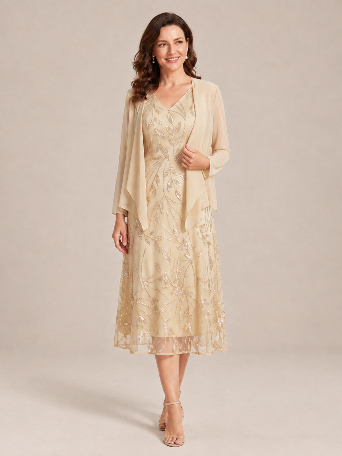 Tea Length Sequin Lace Mother of the Bride Dress with Chiffon Jacket