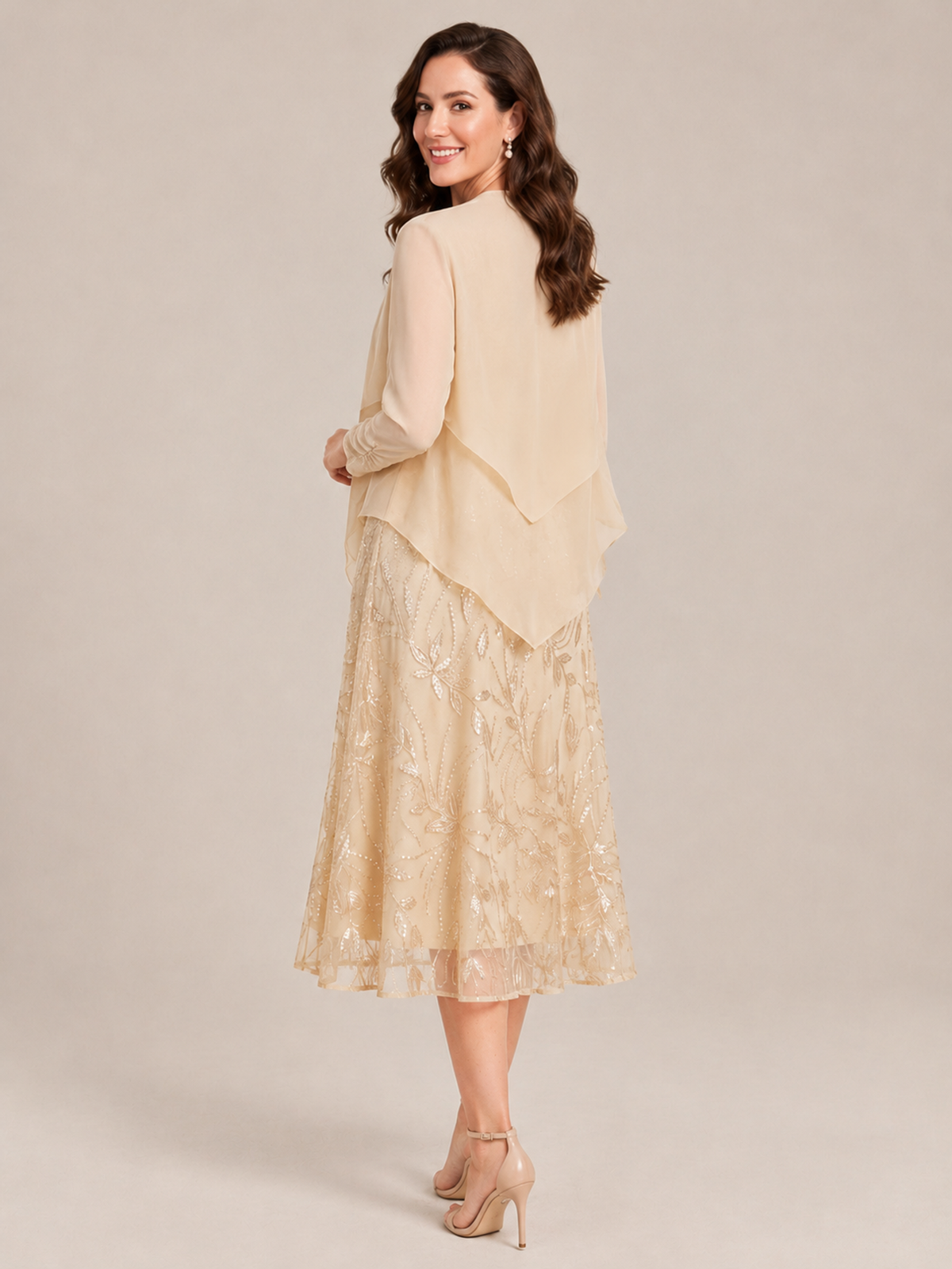 Tea Length Sequin Lace Mother of the Bride Dress with Chiffon Jacket