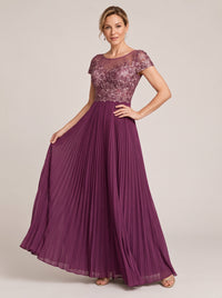 Plum Embroidered Lace Pleated Mother of the Bride Dress