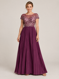 Plum Embroidered Lace Pleated Mother of the Bride Dress