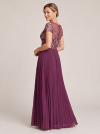 Plum Embroidered Lace Pleated Mother of the Bride Dress
