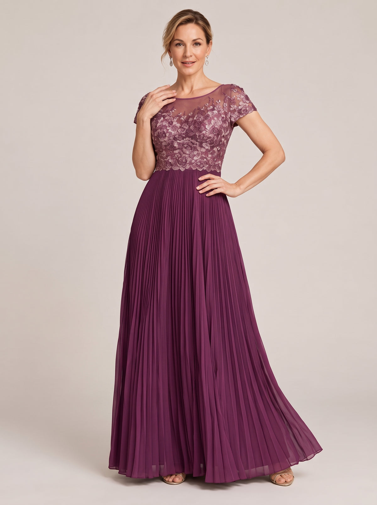 Plum Embroidered Lace Pleated Mother of the Bride Dress