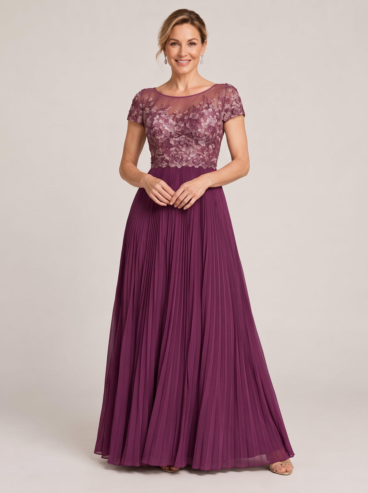 Plum Embroidered Lace Pleated Mother of the Bride Dress