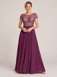 Plum Embroidered Lace Pleated Mother of the Bride Dress