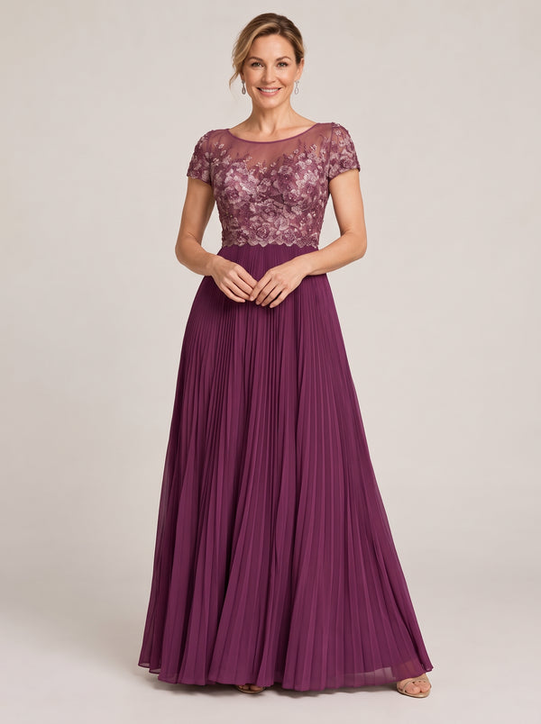 Plum Embroidered Lace Pleated Mother of the Bride Dress - Plum