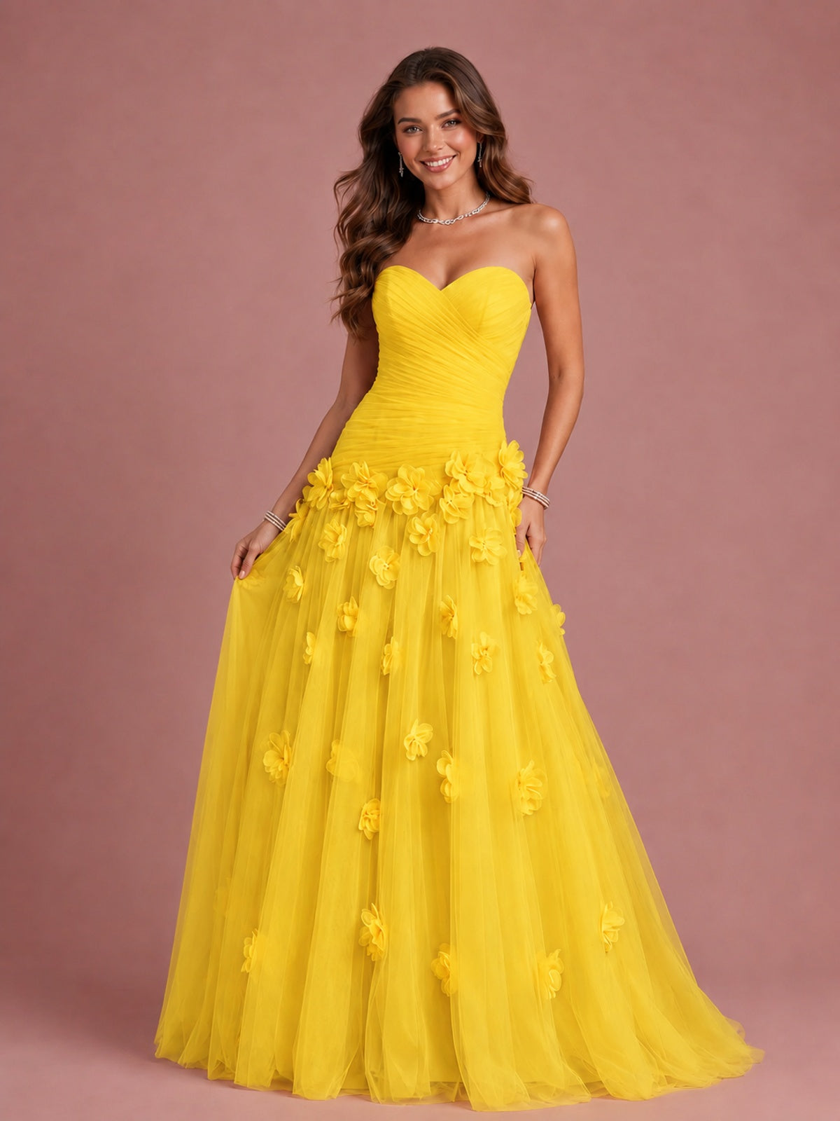 Blush Pink Strapless Sweetheart 3D Floral Tulle Ball Gown Prom Dres