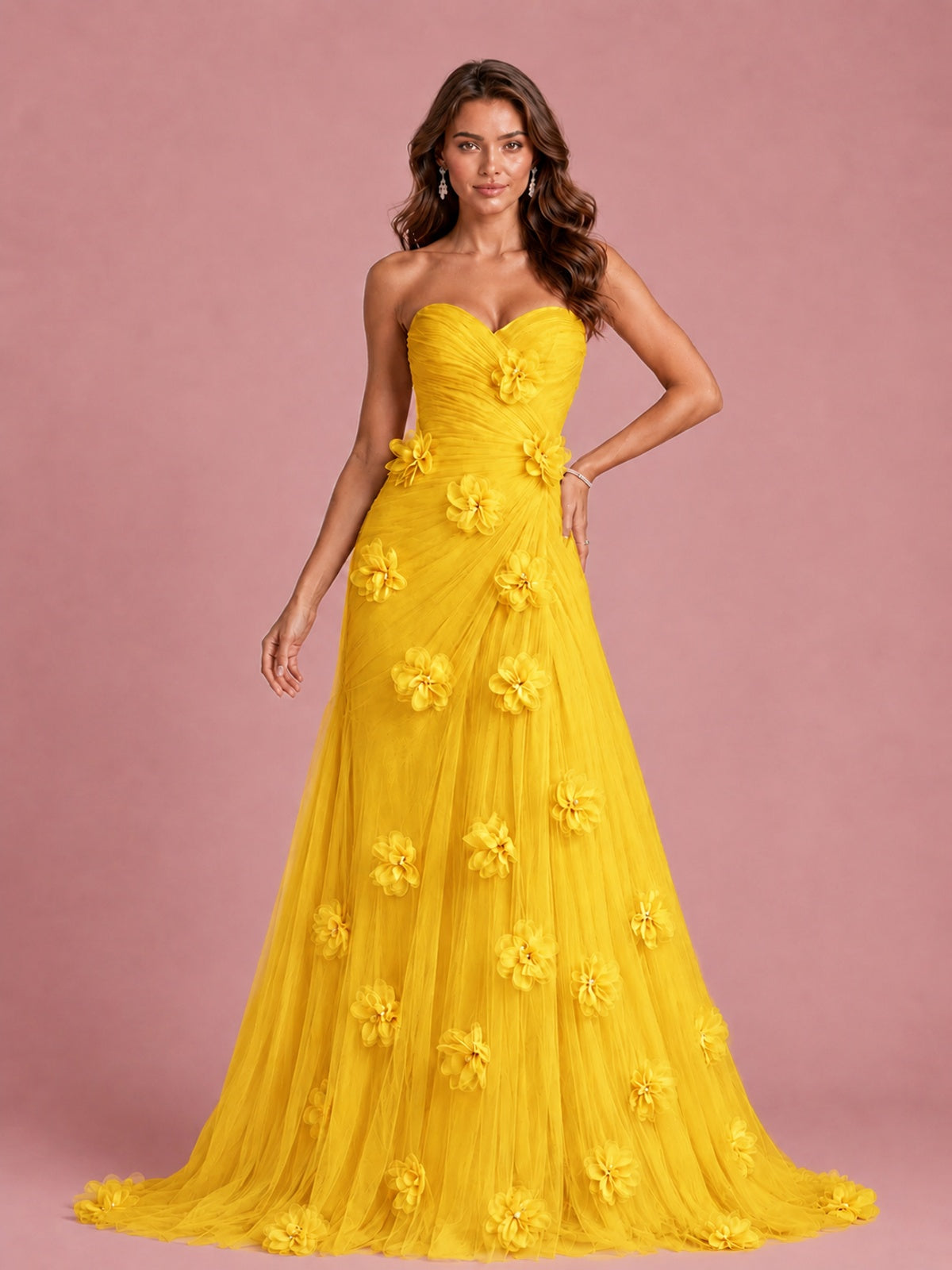 3D Floral Applique Strapless Tulle Prom Dress with High Slit