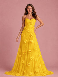 3D Floral Applique Strapless Tulle Prom Dress with High Slit