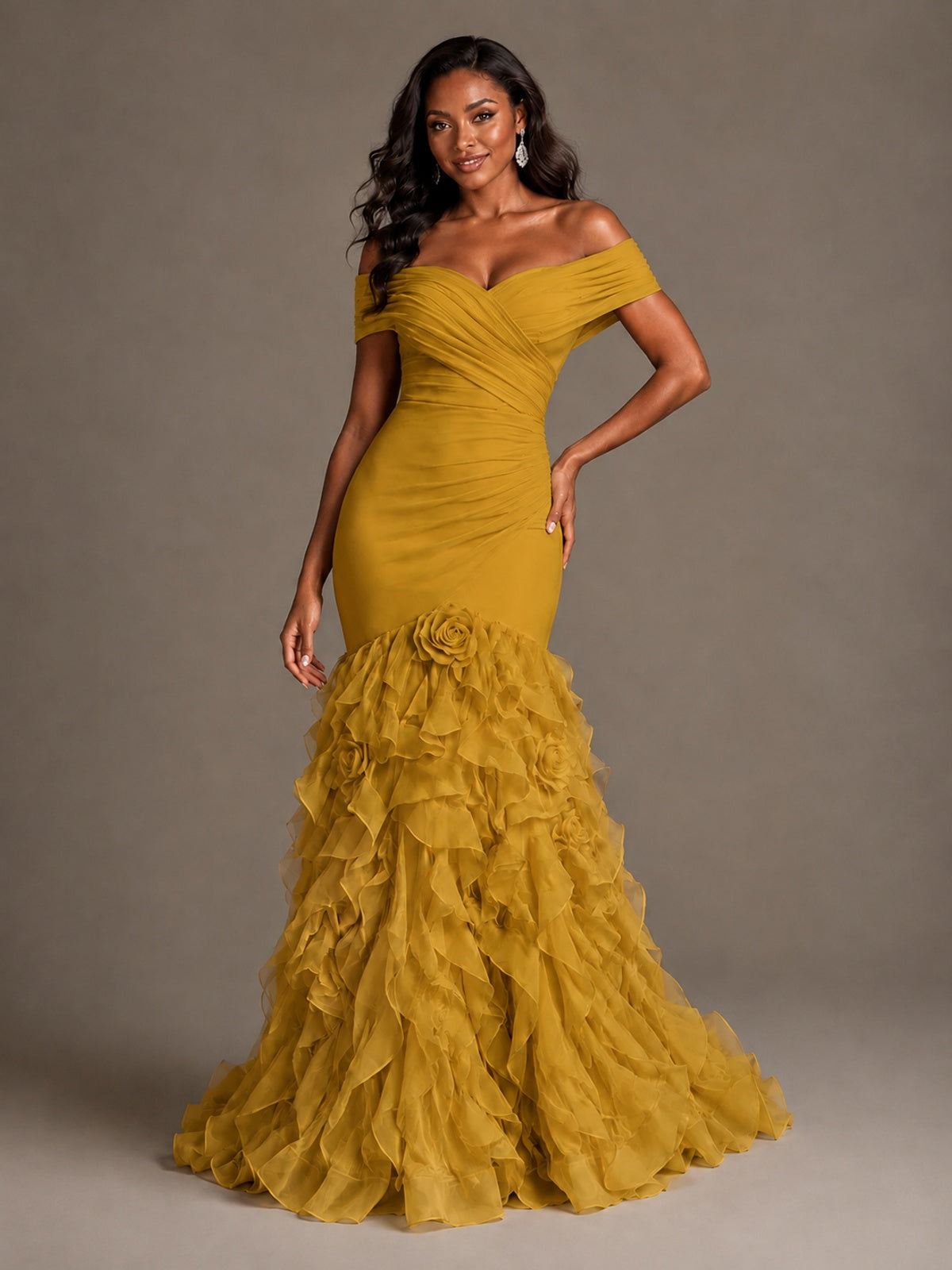 Pink Off-the-Shoulder Mermaid Prom Dress with Ruffles 3D Flowers