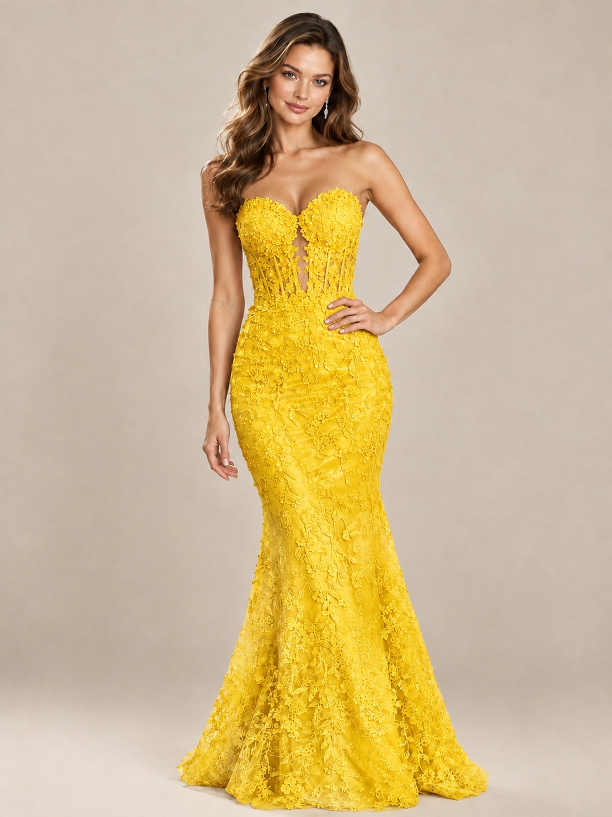 Strapless Corset Mermaid Prom Dress with Floral Lace Appliqué