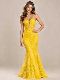 Strapless Corset Mermaid Prom Dress with Floral Lace Appliqué