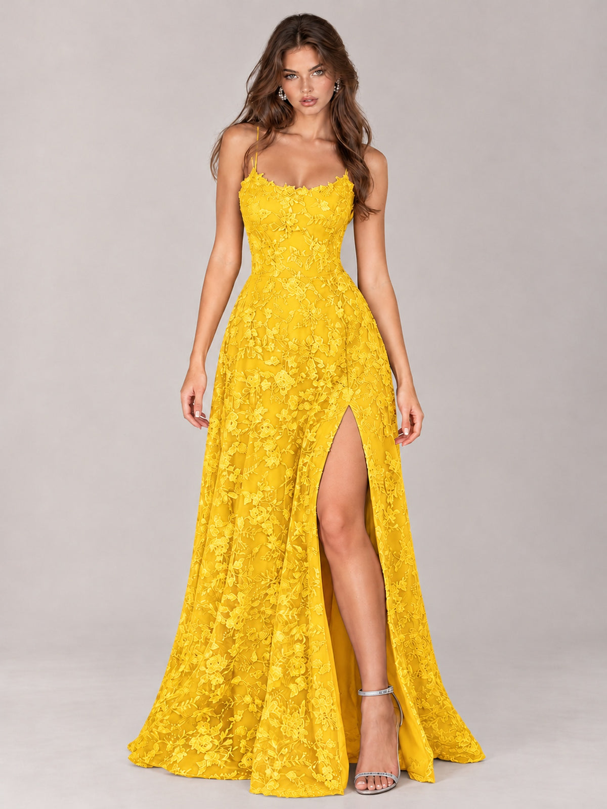 Floral Lace A-Line Prom Dress with Spaghetti Straps & High Slit
