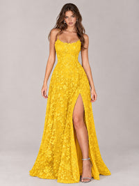 Floral Lace A-Line Prom Dress with Spaghetti Straps & High Slit