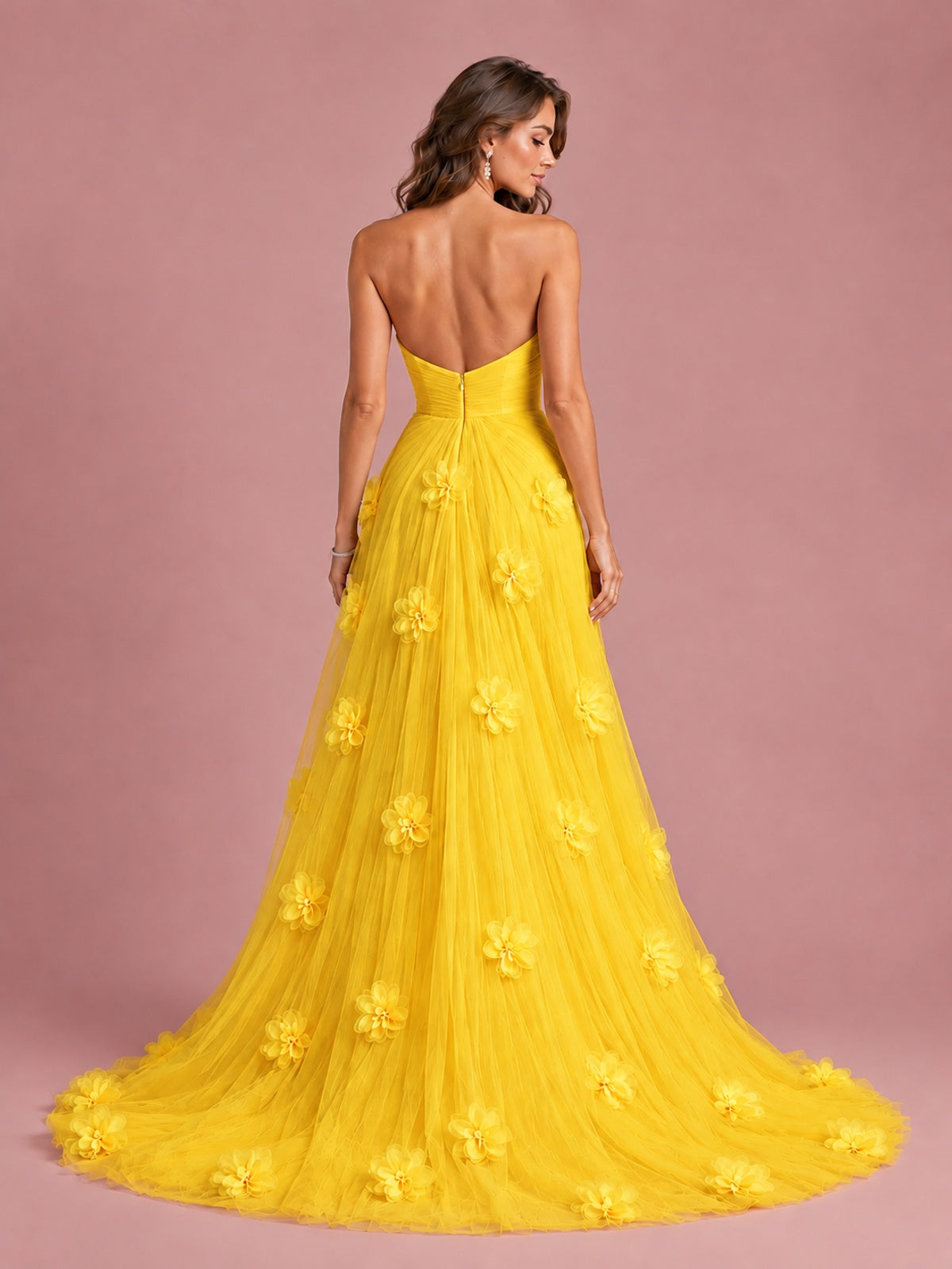3D Floral Applique Strapless Tulle Prom Dress with High Slit