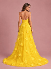 3D Floral Applique Strapless Tulle Prom Dress with High Slit