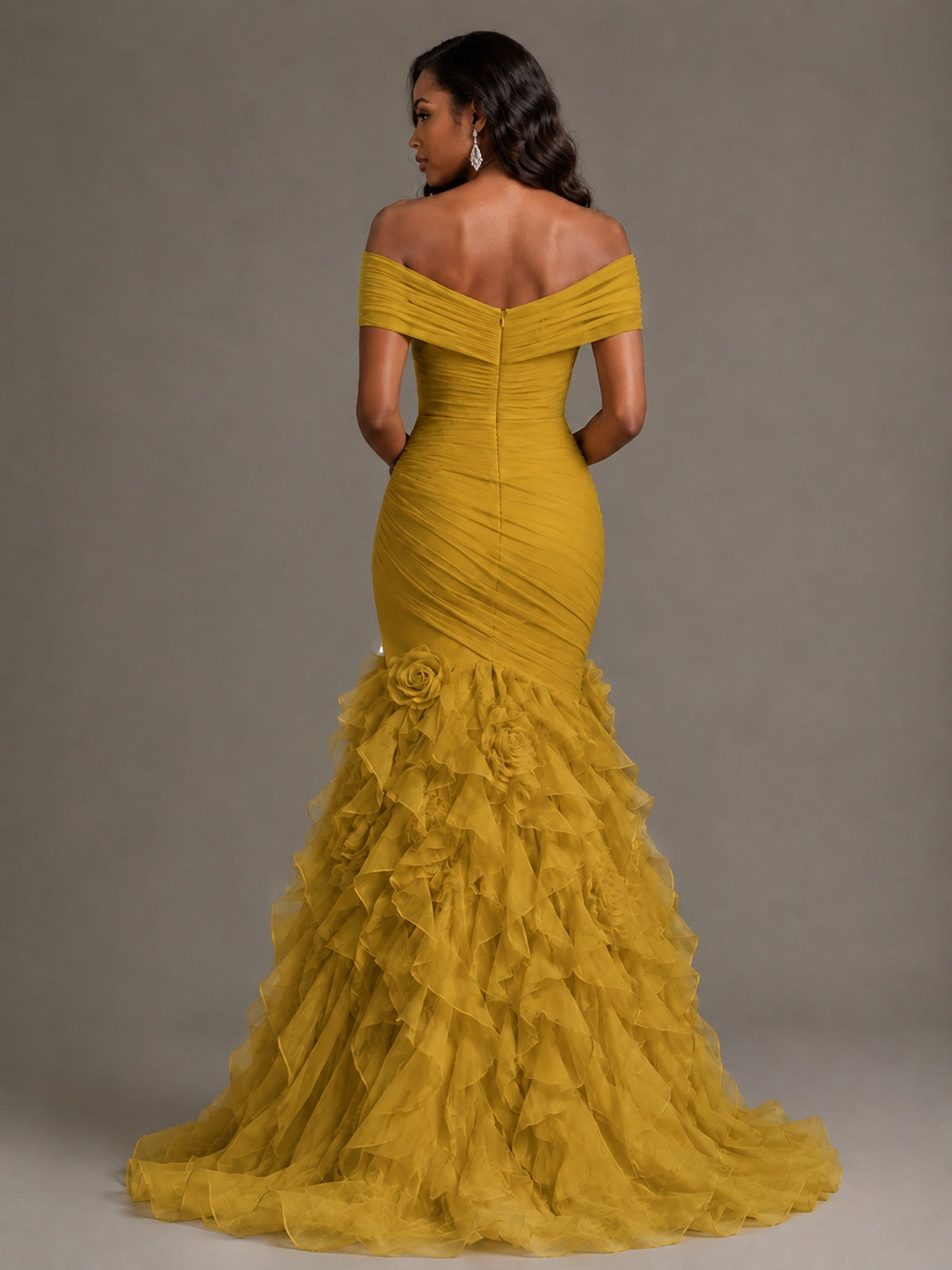 Pink Off-the-Shoulder Mermaid Prom Dress with Ruffles 3D Flowers
