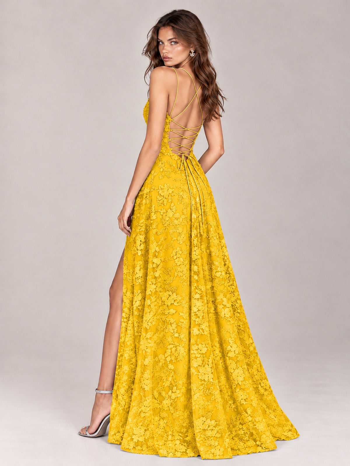 Floral Lace A-Line Prom Dress with Spaghetti Straps & High Slit