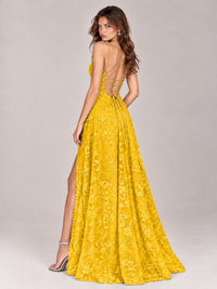 Floral Lace A-Line Prom Dress with Spaghetti Straps & High Slit