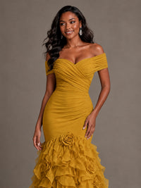 Pink Off-the-Shoulder Mermaid Prom Dress with Ruffles 3D Flowers