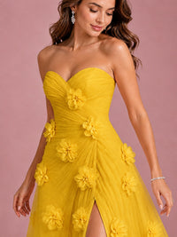 3D Floral Applique Strapless Tulle Prom Dress with High Slit