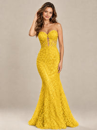 Strapless Corset Mermaid Prom Dress with Floral Lace Appliqué
