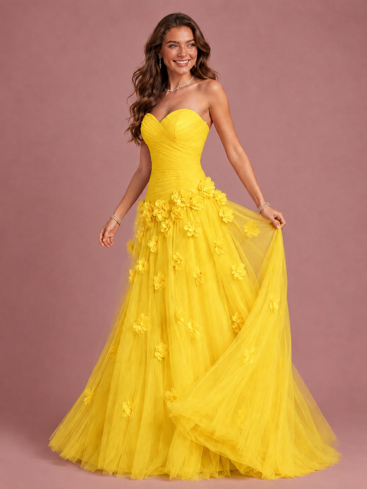 Blush Pink Strapless Sweetheart 3D Floral Tulle Ball Gown Prom Dres