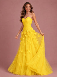 Blush Pink Strapless Sweetheart 3D Floral Tulle Ball Gown Prom Dres