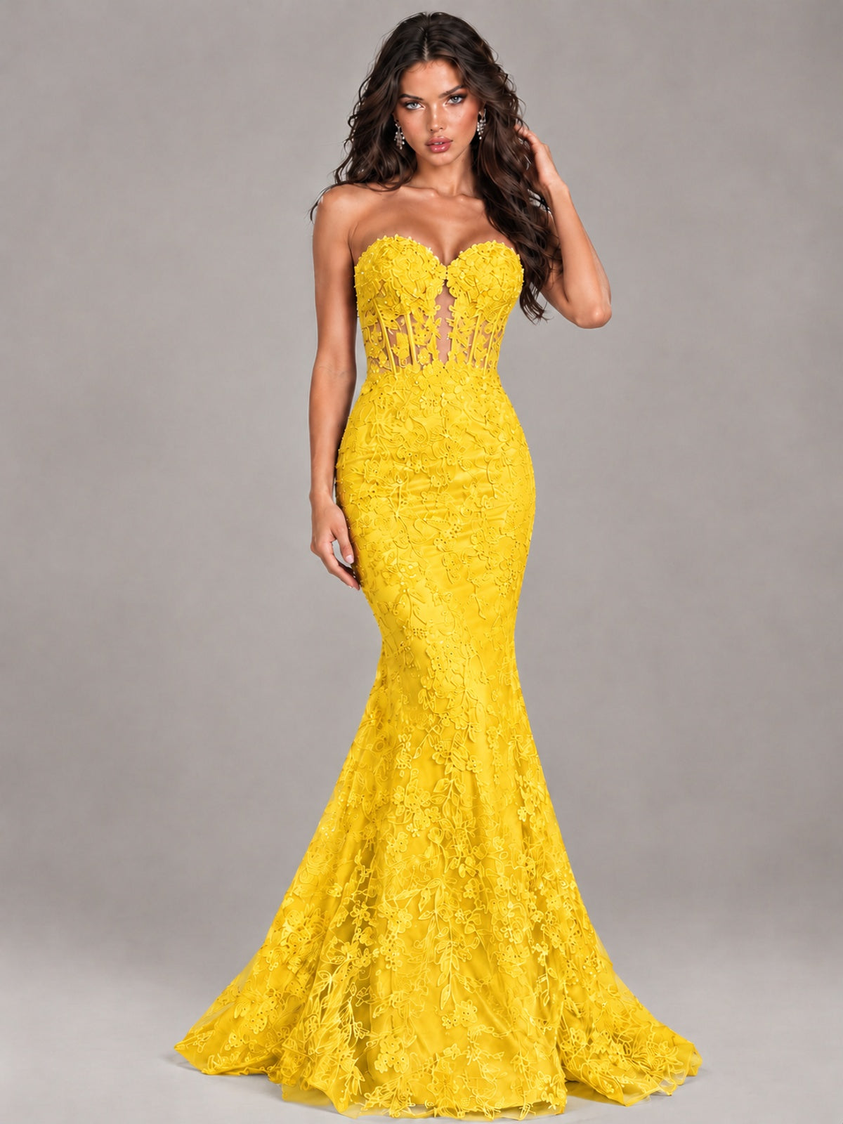 Strapless Corset Mermaid Prom Dress Lace Appliqué Formal Gown