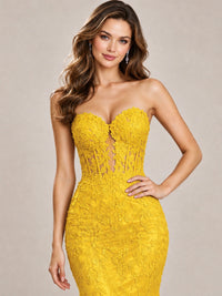 Strapless Corset Mermaid Prom Dress with Floral Lace Appliqué