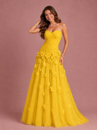 Blush Pink Strapless Sweetheart 3D Floral Tulle Ball Gown Prom Dres