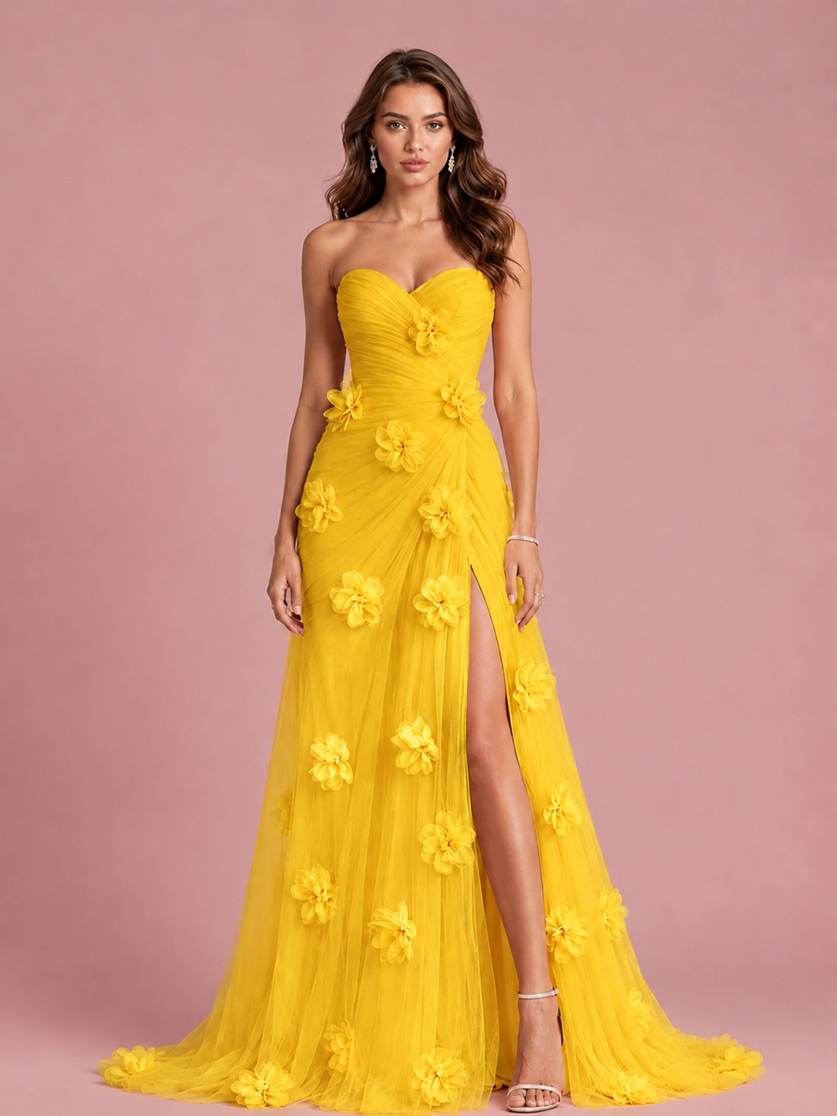 3D Floral Applique Strapless Tulle Prom Dress with High Slit
