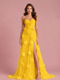 3D Floral Applique Strapless Tulle Prom Dress with High Slit