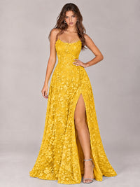 Floral Lace A-Line Prom Dress with Spaghetti Straps & High Slit