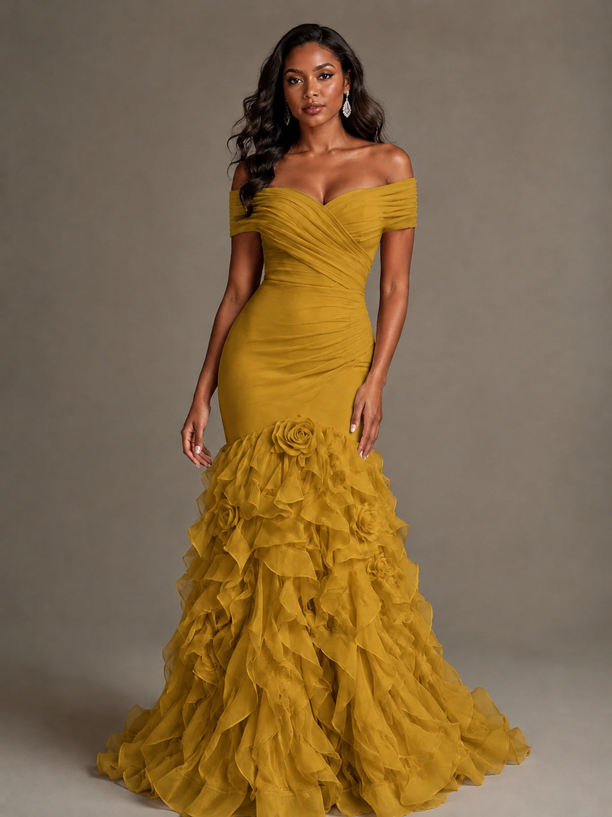 Pink Off-the-Shoulder Mermaid Prom Dress with Ruffles 3D Flowers