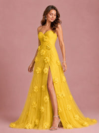 3D Floral Applique Strapless Tulle Prom Dress with High Slit
